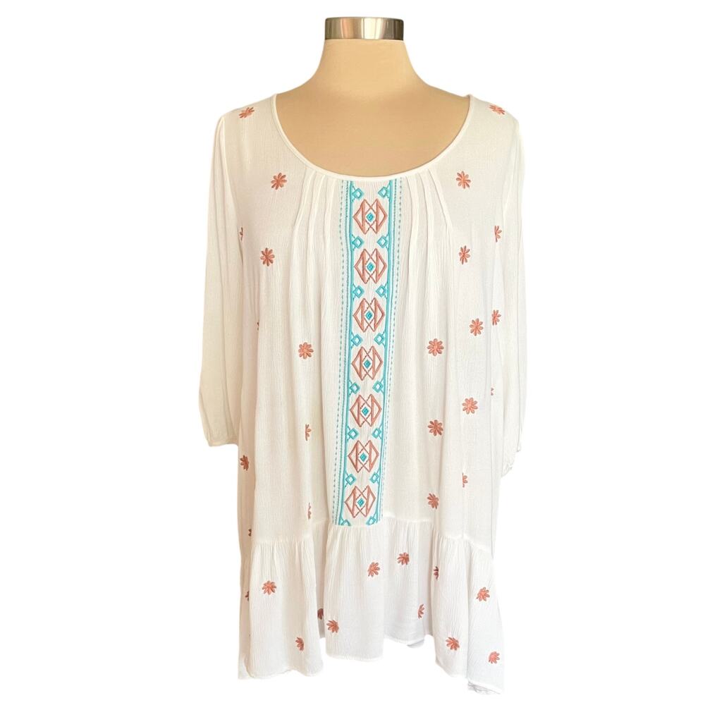 Umgee Cream Tunic Top Womens M Crinkle Gauze Turquoise Embroidery Peasant Gypsy